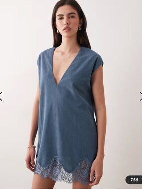 ASOS DESIGN cord lace trim shift mini dress in denim blue